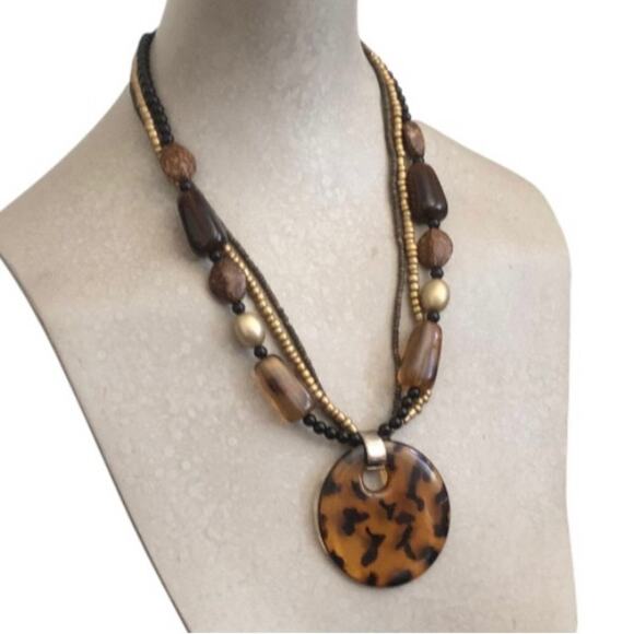 Retro Gold Bead Brown And Black Animal Print Drop Three Strand Necklace - Picture 4 of 11